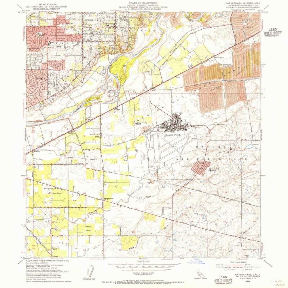 YellowMaps Carmichael CA topo map, 1:24000 Scale, 7.5 X 7.5 Minute, Historical, 1954, Updated 1955, 26.7 x 22 in - Tyvek