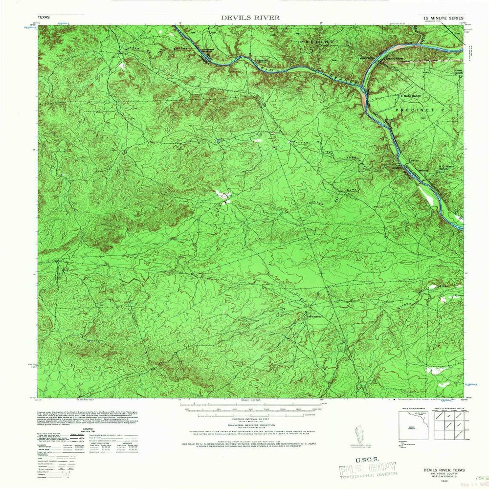 YellowMaps Devils River TX topo map, 1:62500 Scale, 15 X 15 Minute, Historical, 1943, Updated 1968, 22.9 x 17.6 in - Tyvek