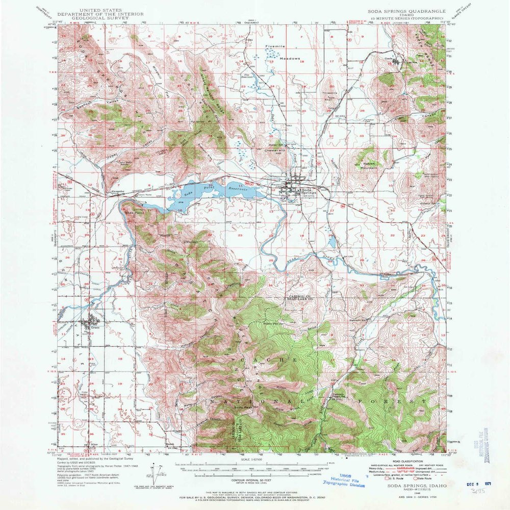 YellowMaps Soda Springs ID topo map, 1:62500 Scale, 15 X 15 Minute, Historical, 1948, Updated 1971, 20.8 x 17 in - Tyvek