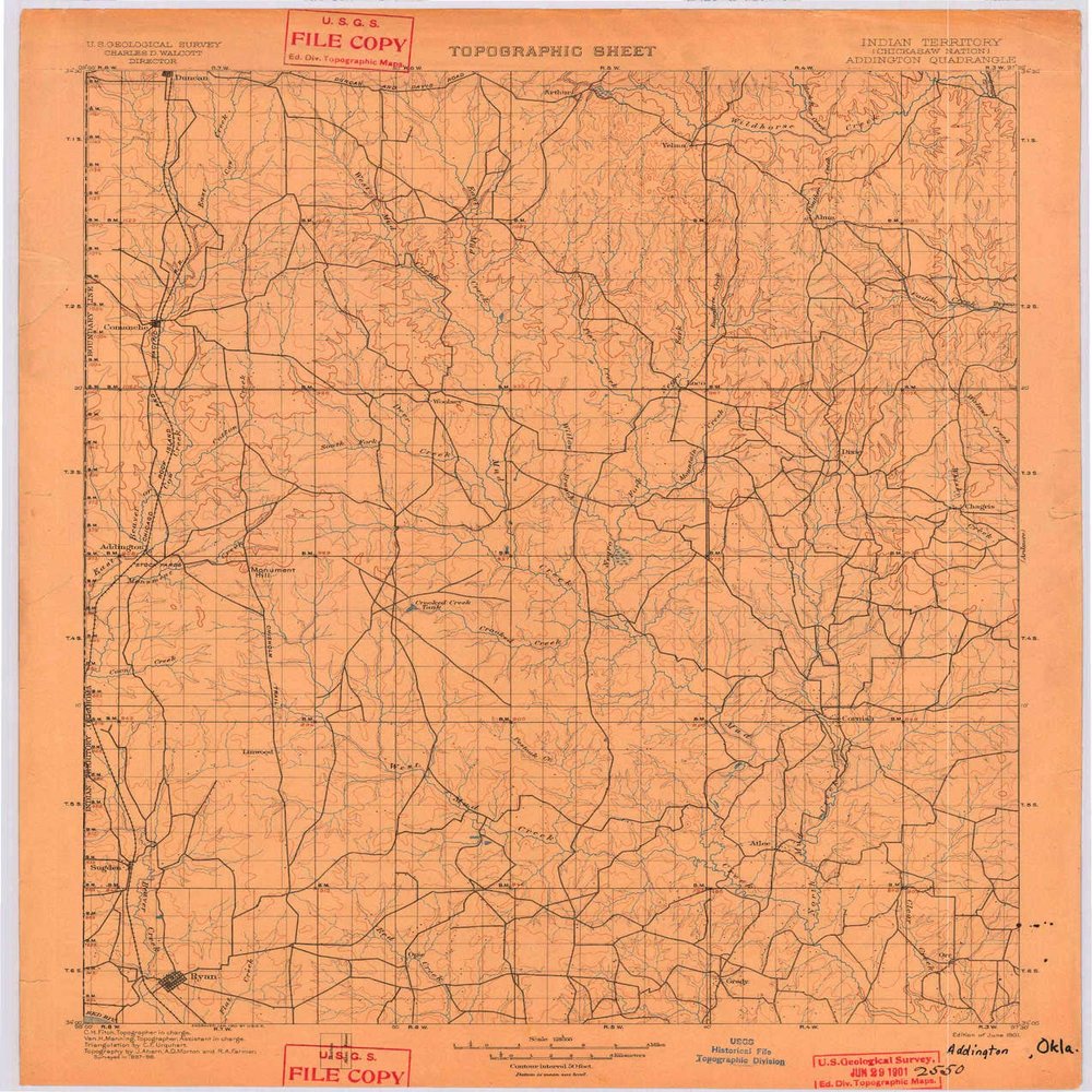 YellowMaps Addington OK topo map, 1:125000 Scale, 30 X 30 Minute, Historical, 1901, 20 x 17 in - Tyvek