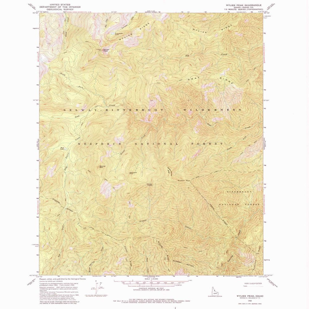 YellowMaps Wylies Peak ID topo map, 1:24000 Scale, 7.5 X 7.5 Minute, Historical, 1966, Updated 1984, 26.9 x 22 in - Tyvek