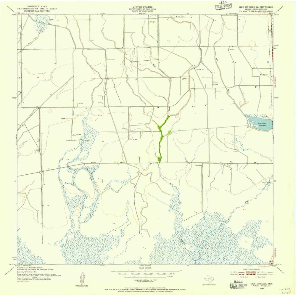 YellowMaps Sea Breeze TX topo map, 1:24000 Scale, 7.5 X 7.5 Minute, Historical, 1943, Updated 1955, 26.9 x 23 in - Polypropylene