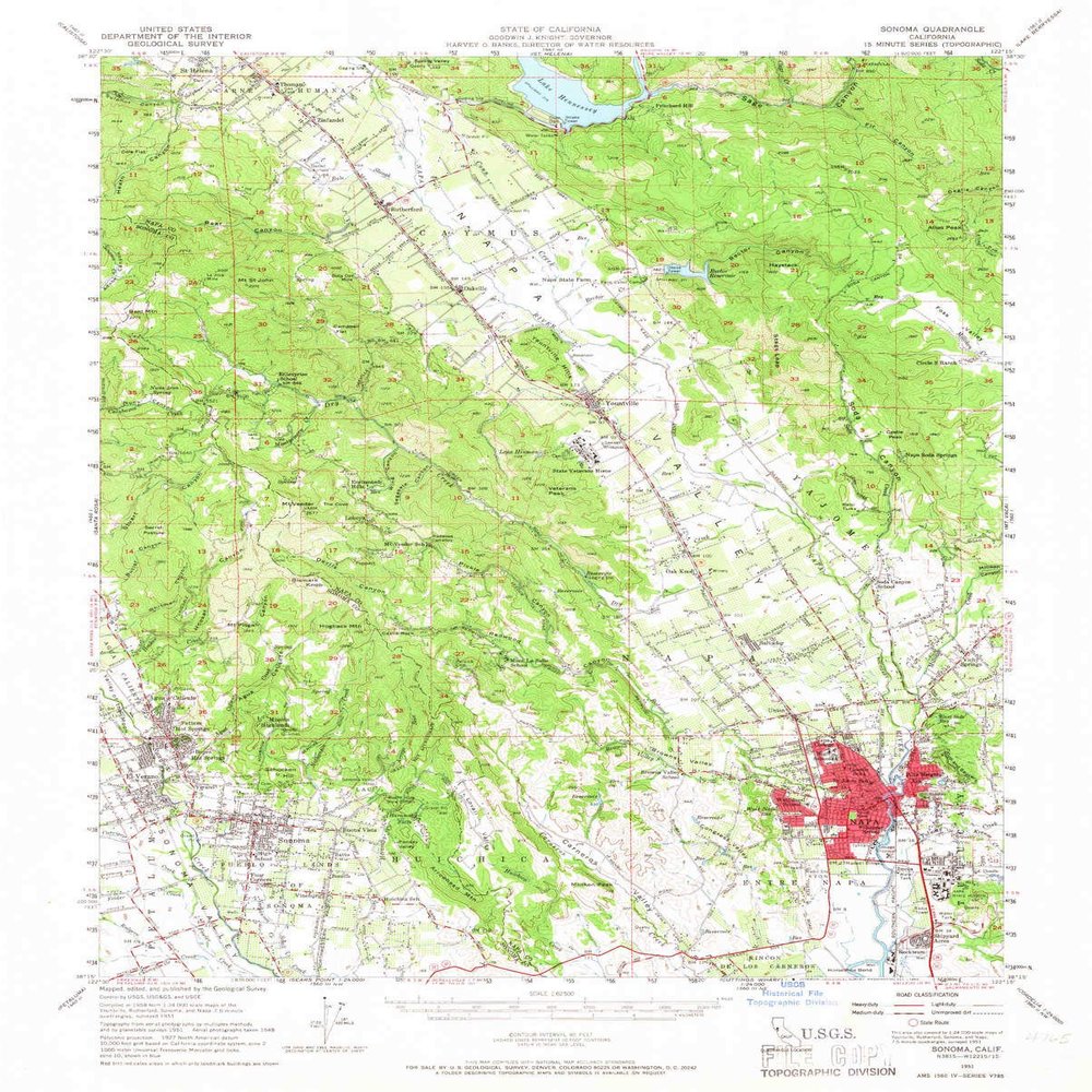 YellowMaps Sonoma CA topo map, 1:62500 Scale, 15 X 15 Minute, Historical, 1951, Updated 1966, 20.7 x 16.6 in - Tyvek