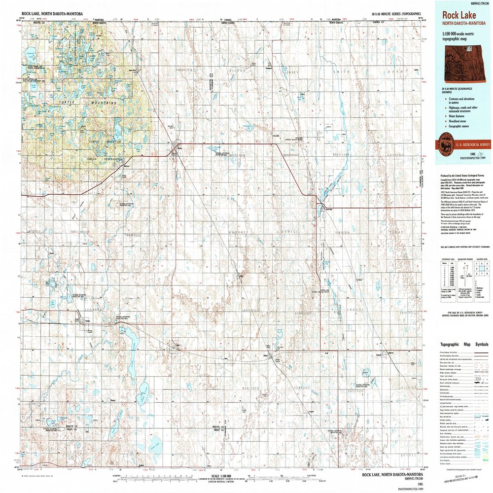 YellowMaps Rock Lake ND topo map, 1:100000 Scale, 30 X 60 Minute, Historical, 1985, Updated 1994, 24.1 x 35.6 in - Polypropylene