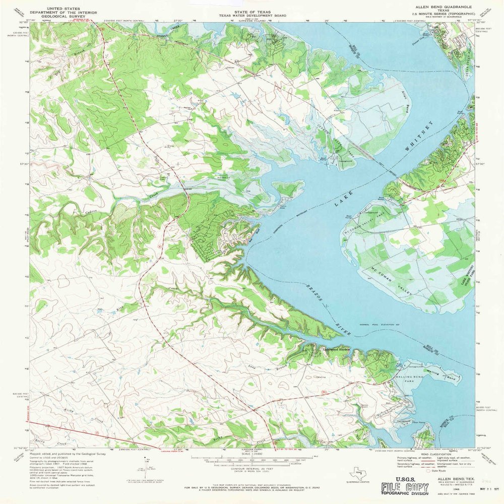 YellowMaps Allen Bend TX topo map, 1:24000 Scale, 7.5 X 7.5 Minute, Historical, 1968, Updated 1971, 26.9 x 21.9 in - Polypropylene