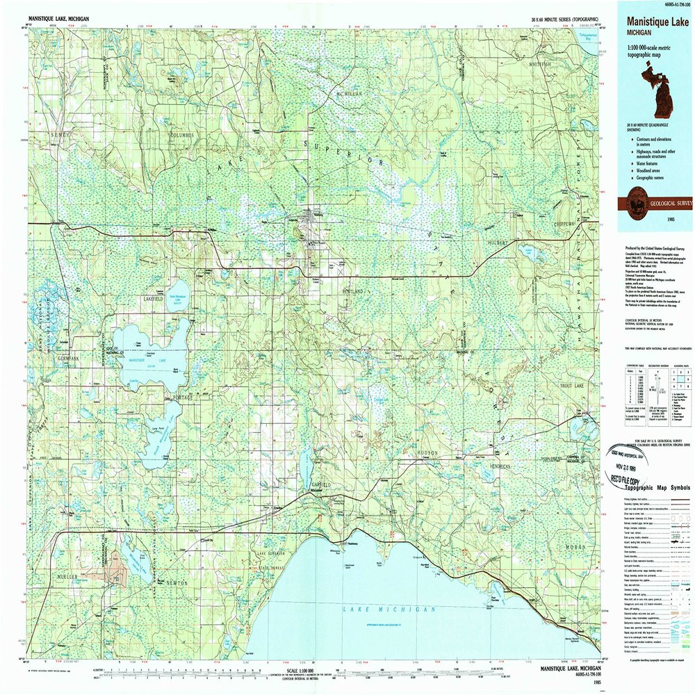 YellowMaps Manistique Lake MI topo map, 1:100000 Scale, 30 X 60 Minute, Historical, 1985, Updated 1989, 24.1 x 36.9 in - Polypropylene