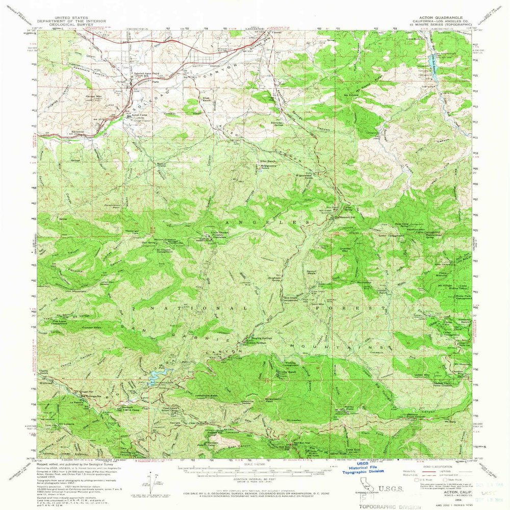 YellowMaps Acton CA topo map, 1:62500 Scale, 15 X 15 Minute, Historical, 1959, Updated 1966, 20.8 x 17 in - Tyvek