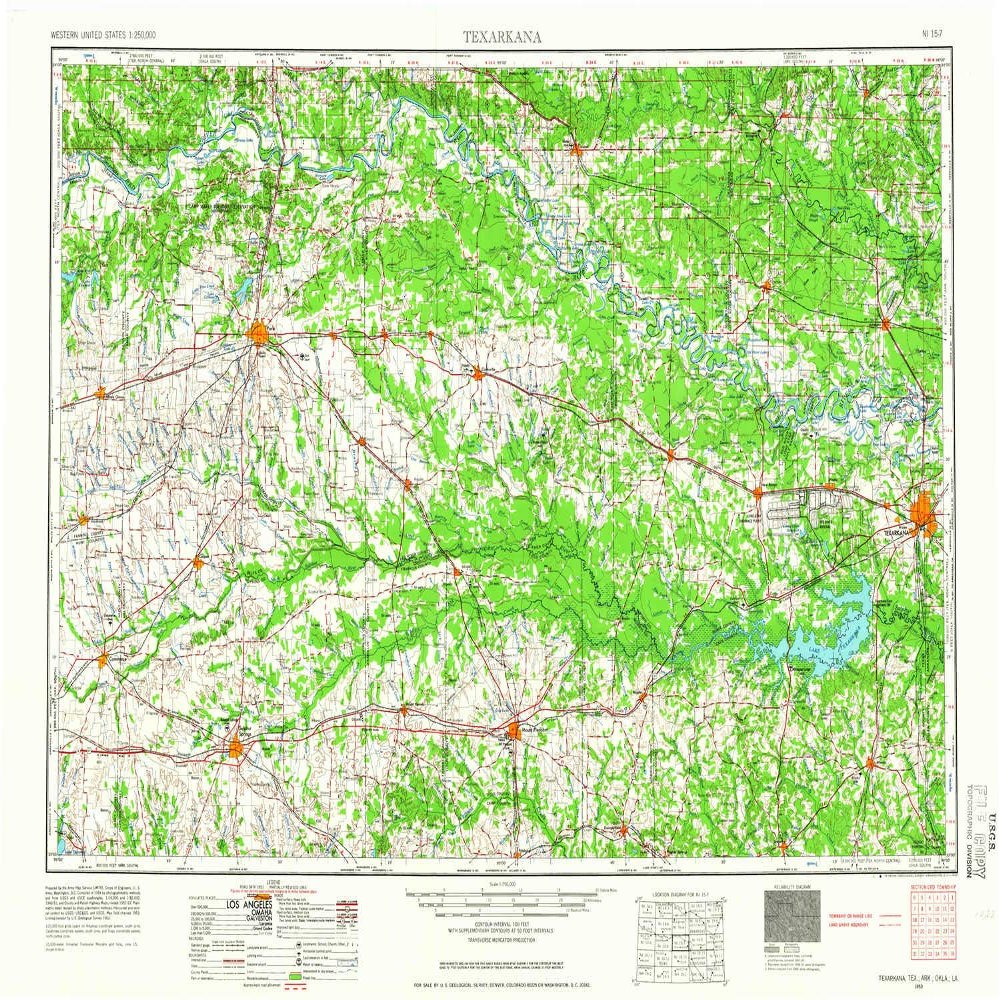 YellowMaps Texarkana TX topo map, 1:250000 Scale, 1 X 2 Degree, Historical, 1953, Updated 1966, 22.1 x 33.2 in - Polypropylene