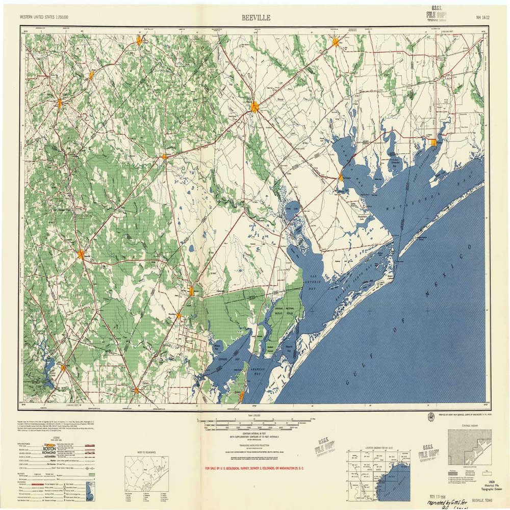 YellowMaps Beeville TX topo map, 1:250000 Scale, 1 X 2 Degree, Historical, 1956, Updated 1956, 24.1 x 34.2 in - Tyvek