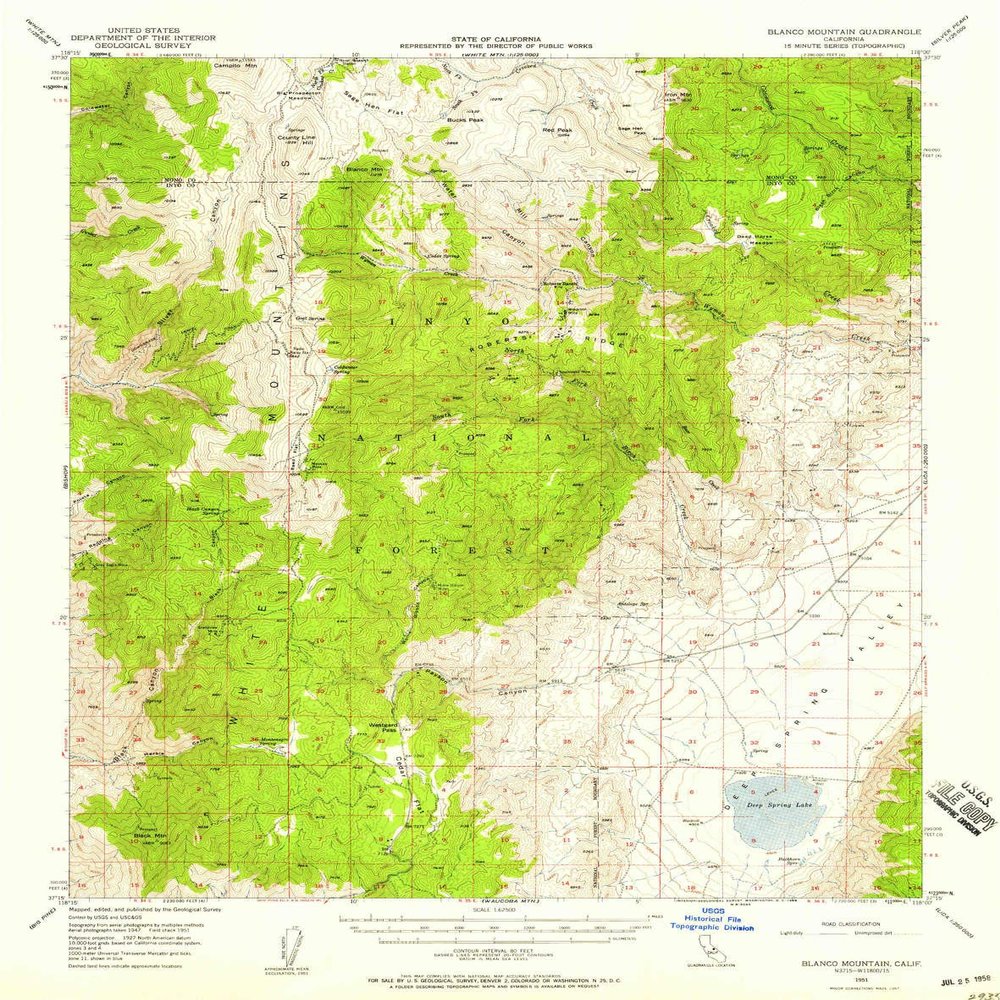 YellowMaps Blanco Mountain CA topo map, 1:62500 Scale, 15 X 15 Minute, Historical, 1951, Updated 1958, 20.8 x 16.4 in - Tyvek