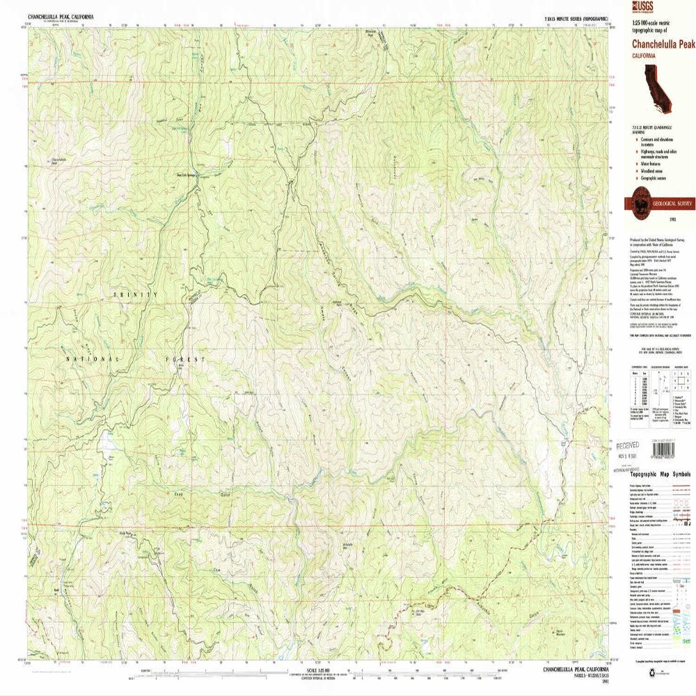 YellowMaps Chanchelulla Peak CA topo map, 1:25000 Scale, 7.5 X 15 Minute, Historical, 1981, Updated 1981, 24.1 x 40 in - Polypropylene
