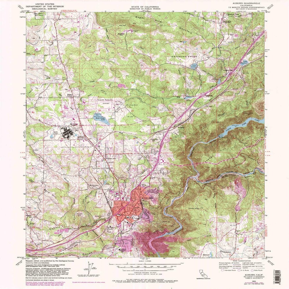 YellowMaps Auburn CA topo map, 1:24000 Scale, 7.5 X 7.5 Minute, Historical, 1953, Updated 1981, 26.8 x 21.5 in - Tyvek