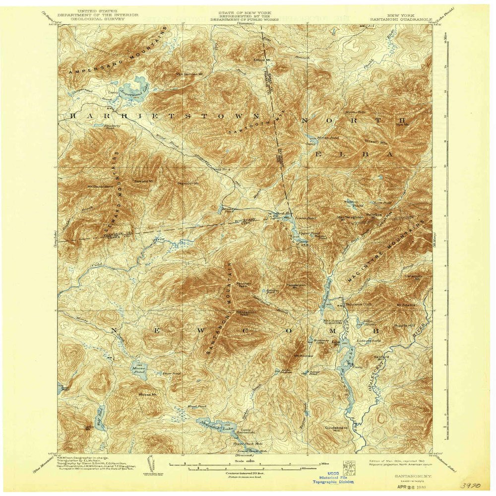 YellowMaps Santanoni NY topo map, 1:62500 Scale, 15 X 15 Minute, Historical, 1904, Updated 1940, 20.1 x 16.6 in - Polypropylene
