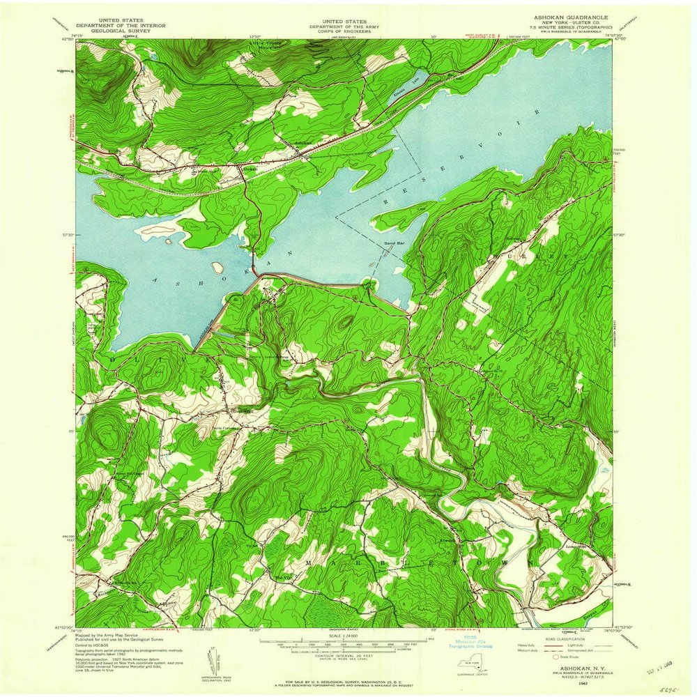 YellowMaps Ashokan NY topo map, 1:24000 Scale, 7.5 X 7.5 Minute, Historical, 1942, Updated 1960, 26.9 x 22.1 in - Tyvek