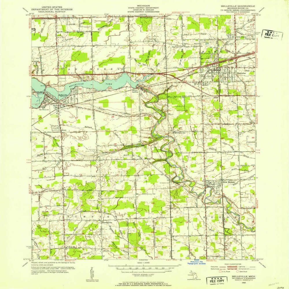 Belleville MI topo map, 1:24000 Scale, 7.5 X 7.5 Minute, Historical, 1952, Updated 1953, 27 x 21.9 in - Polypropylene