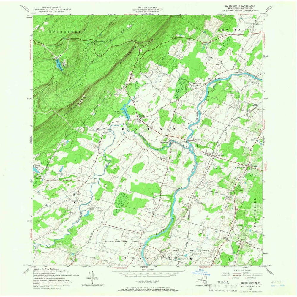 YellowMaps Gardiner NY topo map, 1:24000 Scale, 7.5 X 7.5 Minute, Historical, 1957, Updated 1966, 27 x 22.1 in - Tyvek