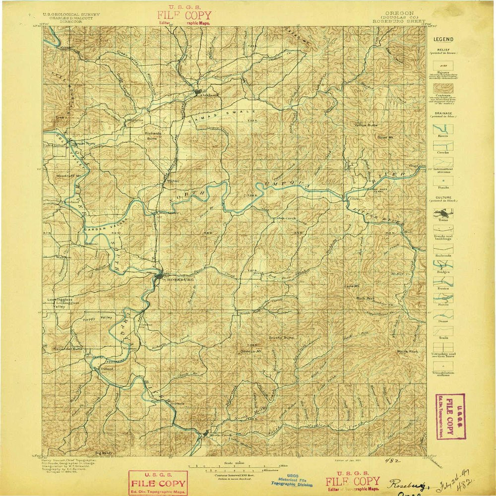 YellowMaps Roseburg OR topo map, 1:125000 Scale, 30 X 30 Minute, Historical, 1897, Updated 1897, 20.2 x 16.6 in - Polypropylene