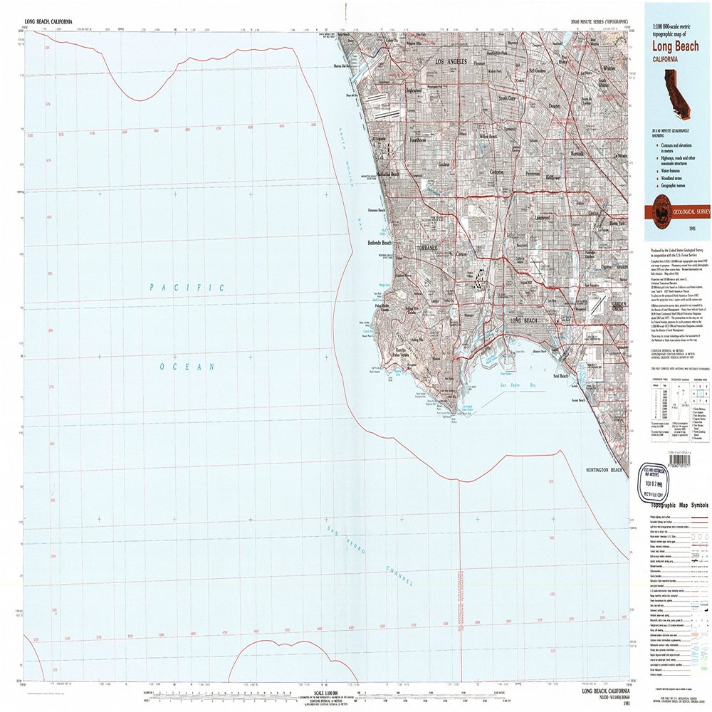 YellowMaps Long Beach CA topo map, 1:100000 Scale, 30 X 60 Minute, Historical, 1981, Updated 1981, 23.9 x 43 in - Polypropylene