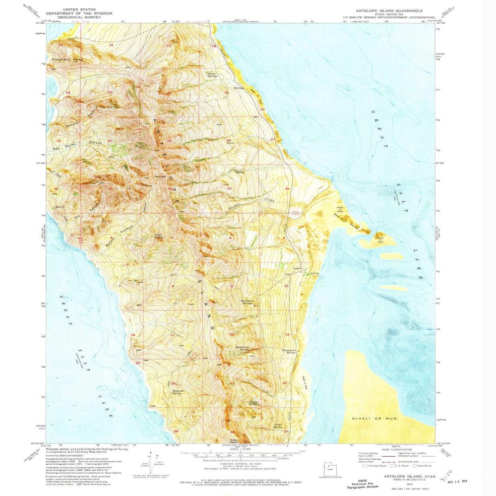 YellowMaps Antelope Island UT topo map, 1:24000 Scale, 7.5 X 7.5 Minute, Historical, 1972, Updated 1974, 26.7 x 21.9 in - Tyvek