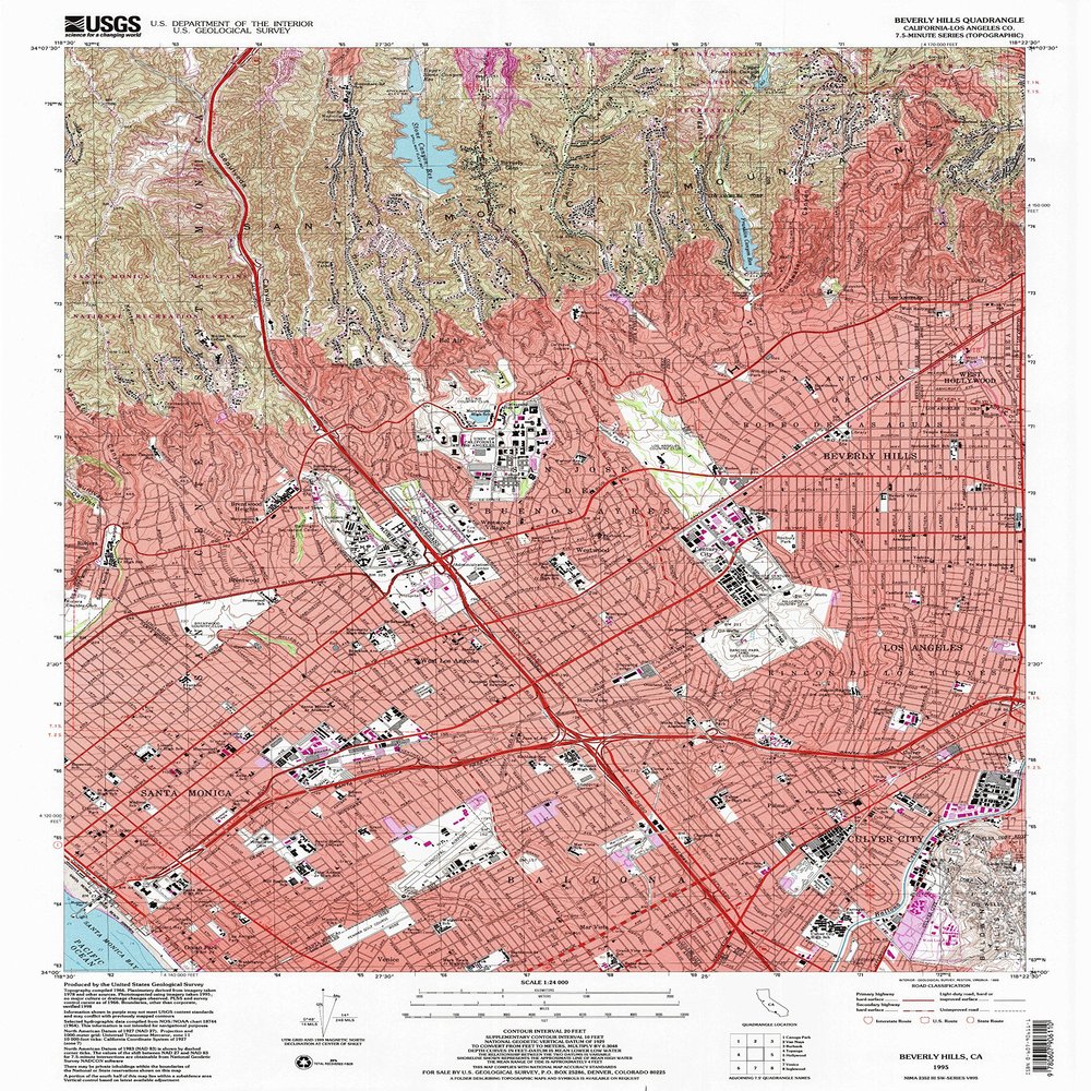 YellowMaps Beverly Hills CA topo map, 1:24000 Scale, 7.5 X 7.5 Minute, Historical, 1995, Updated 1999, 26.9 x 21.5 in - Polypropylene