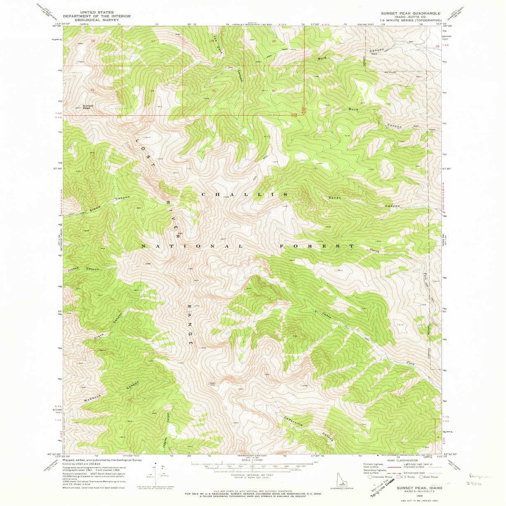 YellowMaps Sunset Peak ID topo map, 1:24000 Scale, 7.5 X 7.5 Minute, Historical, 1969, Updated 1973, 26.9 x 22 in - Polypropylene