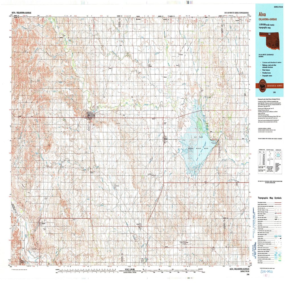 YellowMaps Alva OK topo map, 1:100000 Scale, 30 X 60 Minute, Historical, 1990, Updated 1990, 25 x 42.2 in - Polypropylene
