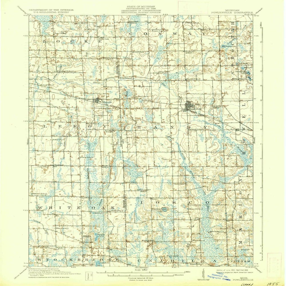 YellowMaps Fowlerville MI topo map, 1:62500 Scale, 15 X 15 Minute, Historical, 1910, Updated 1936, 19.9 x 16.5 in - Polypropylene