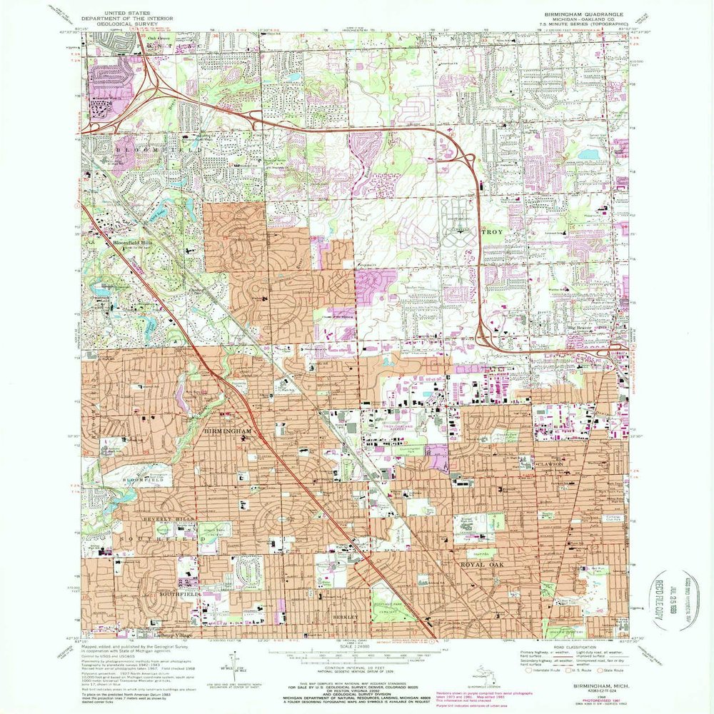 YellowMaps Birmingham MI topo map, 1:24000 Scale, 7.5 X 7.5 Minute, Historical, 1981, Updated 1989, 26.8 x 22 in - Polypropylene