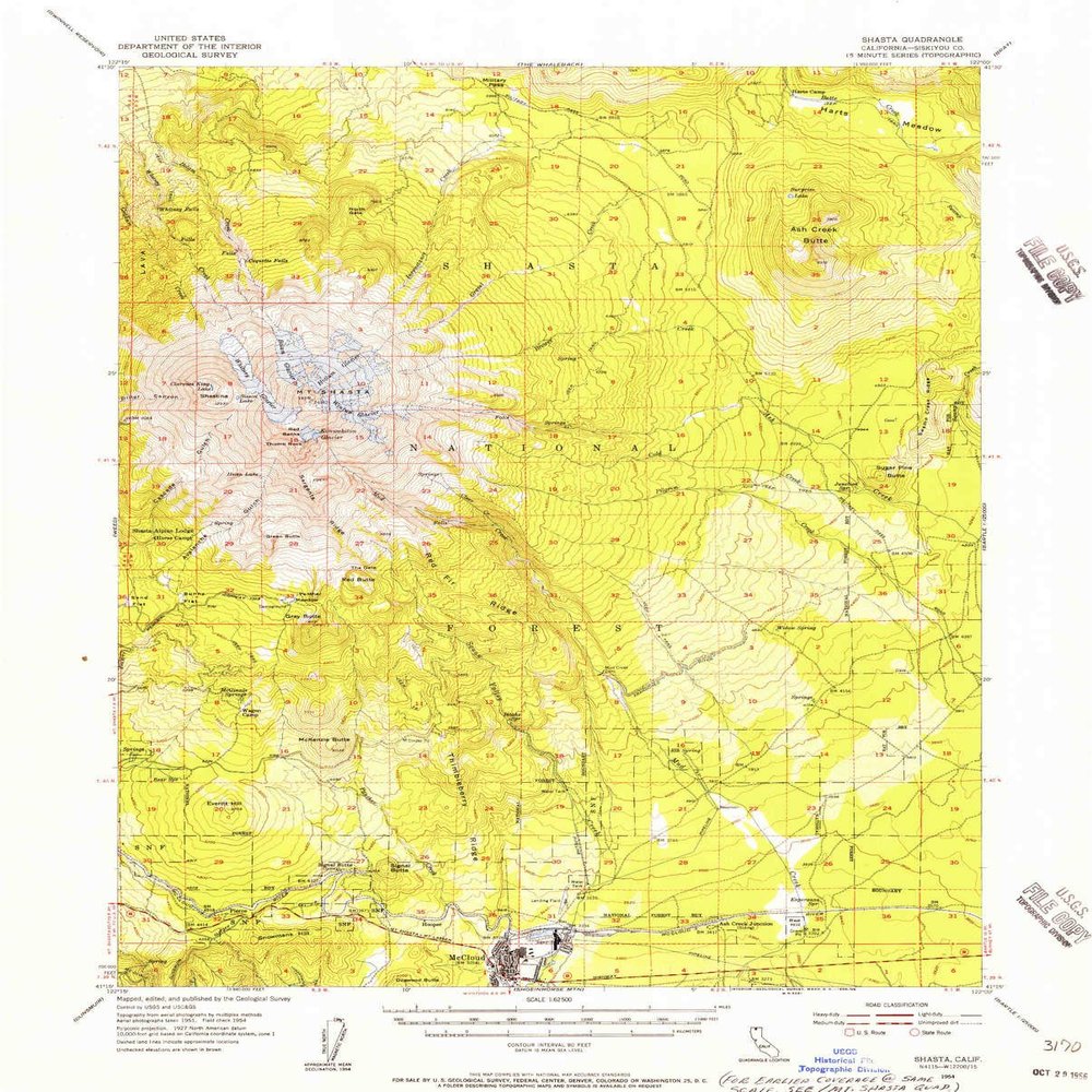YellowMaps Shasta CA topo map, 1:62500 Scale, 15 X 15 Minute, Historical, 1954, Updated 1956, 20.8 x 16.7 in - Tyvek
