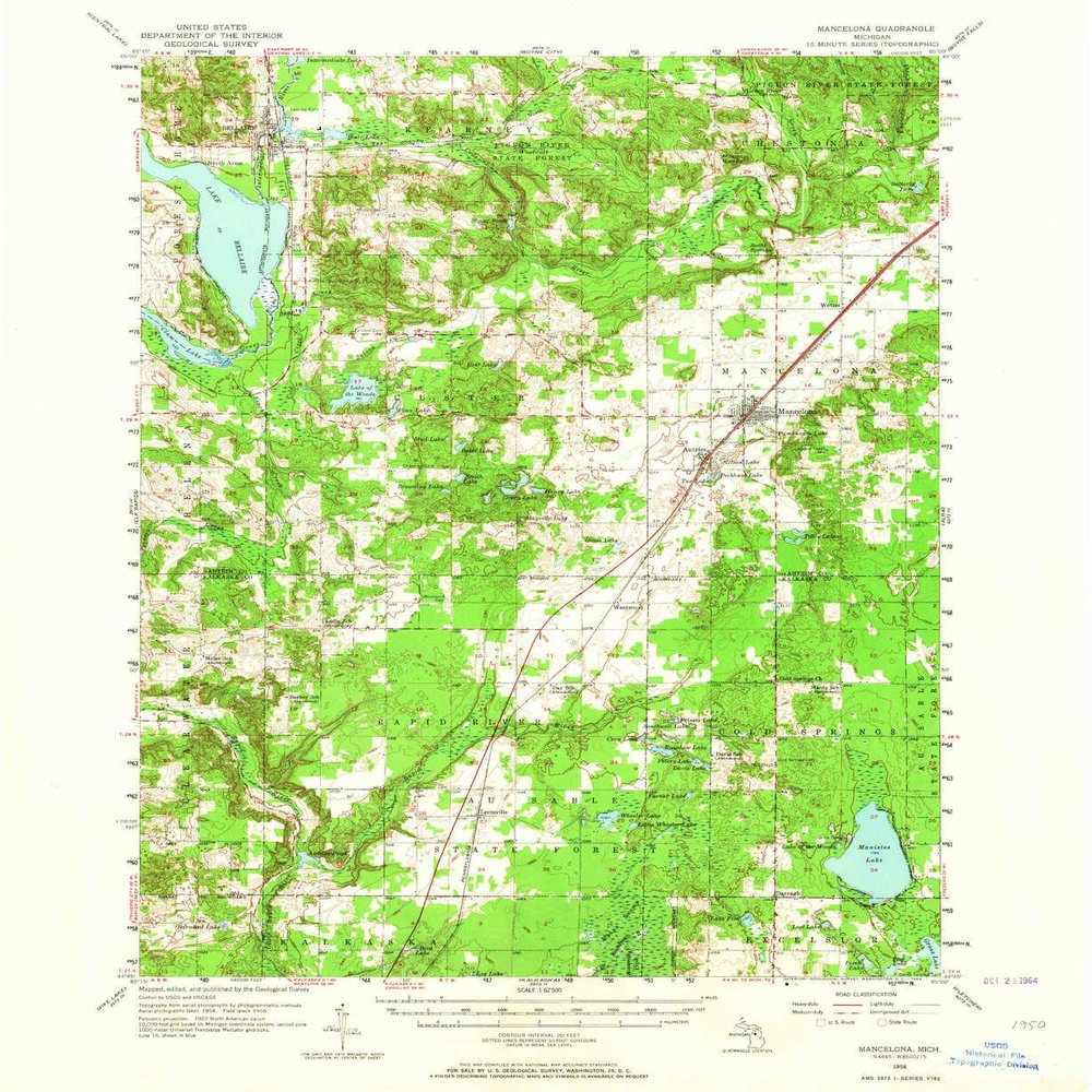 YellowMaps Mancelona MI topo map, 1:62500 Scale, 15 X 15 Minute, Historical, 1956, Updated 1964, 20.8 x 17 in - Tyvek