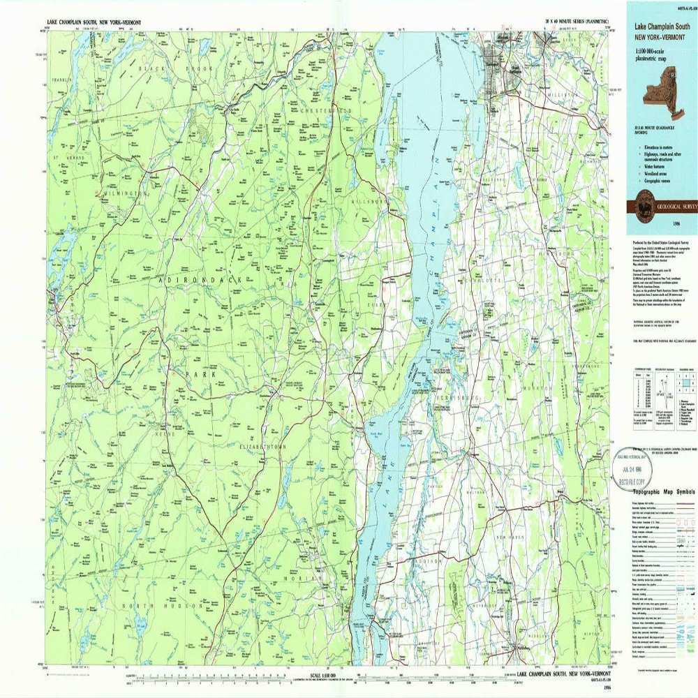 YellowMaps Lake Champlain South NY topo map, 1:100000 Scale, 30 X 60 Minute, Historical, 1986, Updated 1986, 24.1 x 39.1 in - Polypropylene