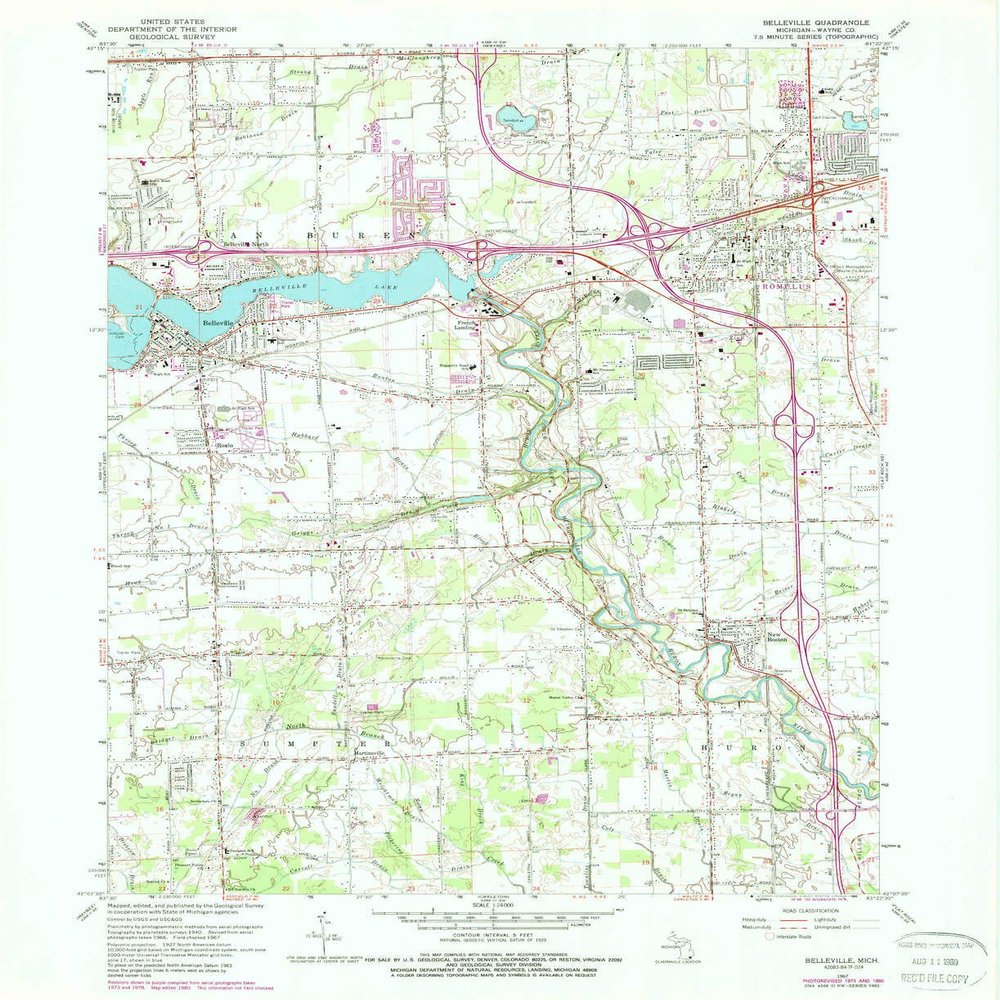 Belleville MI topo map, 1:24000 Scale, 7.5 X 7.5 Minute, Historical, 1967, Updated 1989, 26.9 x 22 in - Tyvek