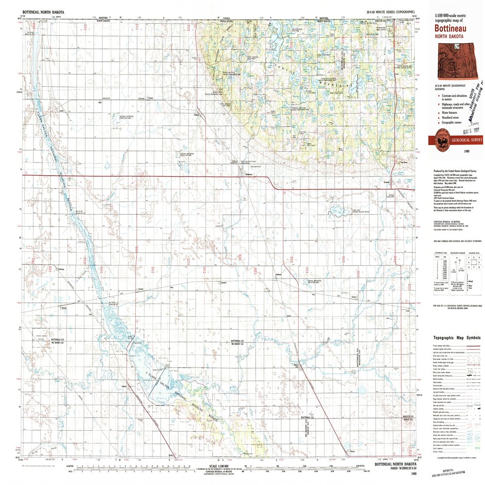 YellowMaps Bottineau ND topo map, 1:100000 Scale, 30 X 60 Minute, Historical, 1980, Updated 1980, 24.2 x 35.7 in - Polypropylene