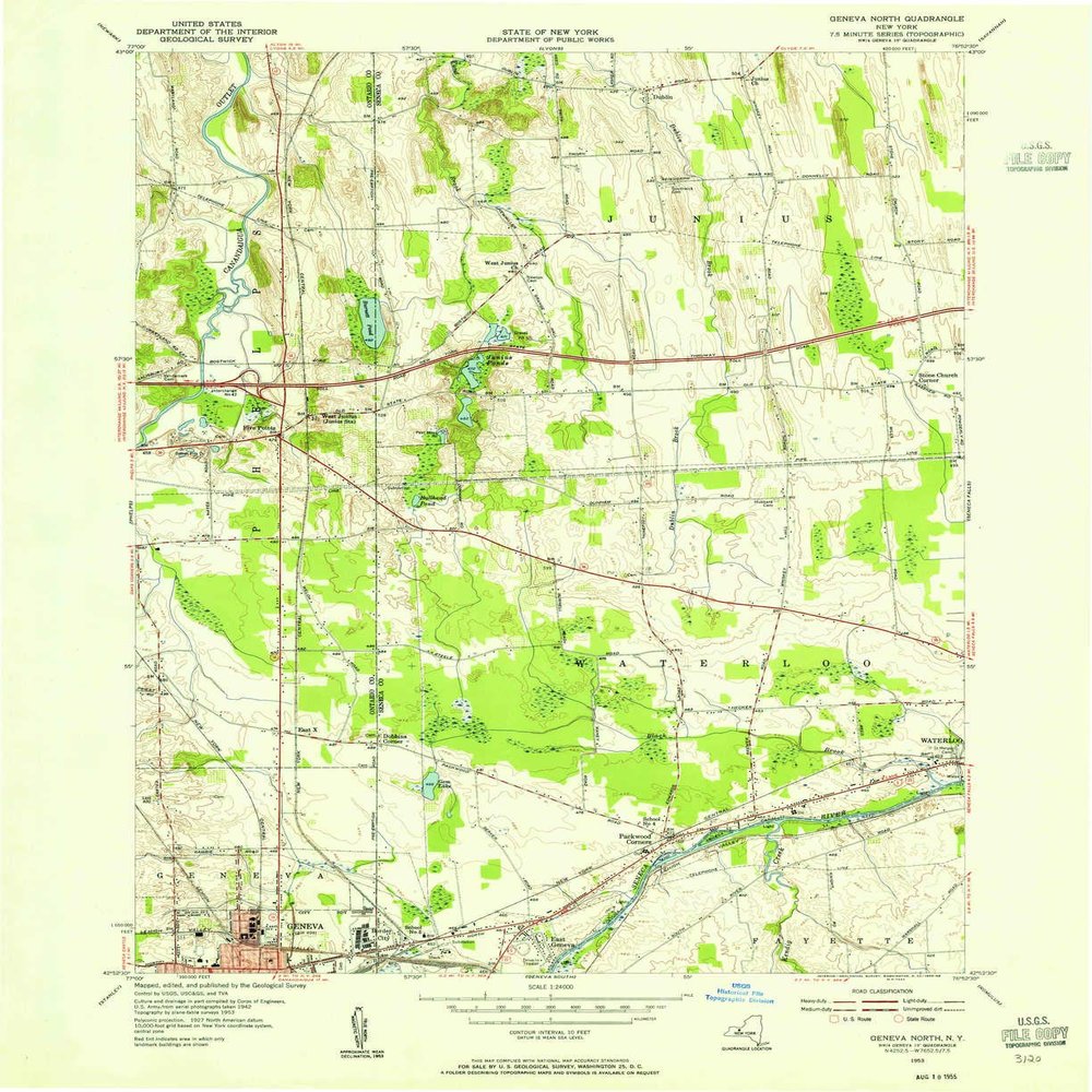 YellowMaps Geneva North NY topo map, 1:24000 Scale, 7.5 X 7.5 Minute, Historical, 1953, Updated 1955, 26.9 x 22 in - Tyvek