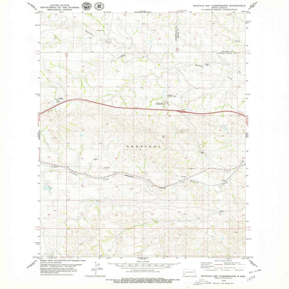 YellowMaps Buffalo Gap Campground ND topo map, 1:24000 Scale, 7.5 X 7.5 Minute, Historical, 1979, Updated 1979, 27.1 x 22.1 in - Polypropylene