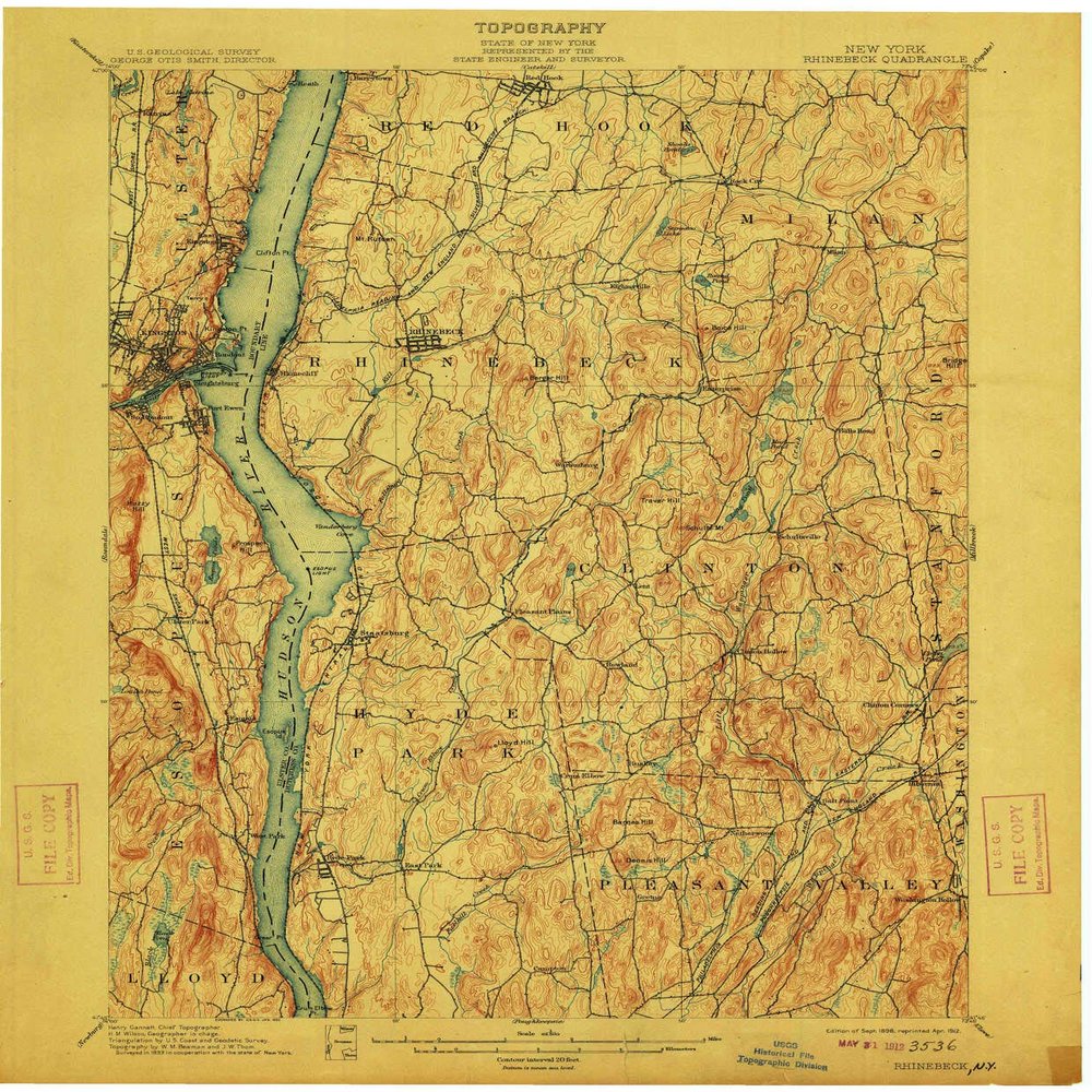 YellowMaps Rhinebeck NY topo map, 1:62500 Scale, 15 X 15 Minute, Historical, 1898, Updated 1912, 20.1 x 16.6 in - Polypropylene