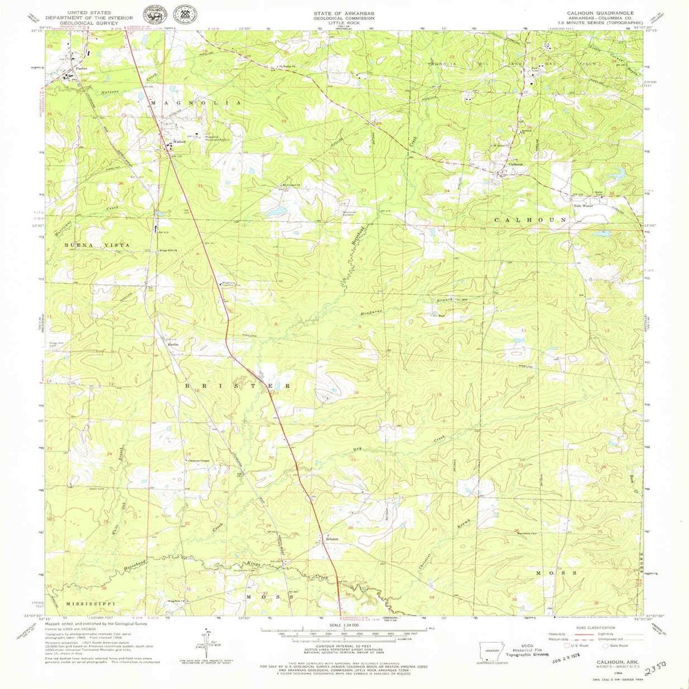 YellowMaps Calhoun AR topo map, 1:24000 Scale, 7.5 X 7.5 Minute, Historical, 1966, Updated 1979, 26.8 x 22 in - Polypropylene