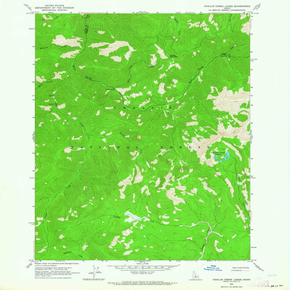 YellowMaps Challis Creek Lakes ID topo map, 1:24000 Scale, 7.5 X 7.5 Minute, Historical, 1963, Updated 1964, 26.8 x 22 in - Polypropylene
