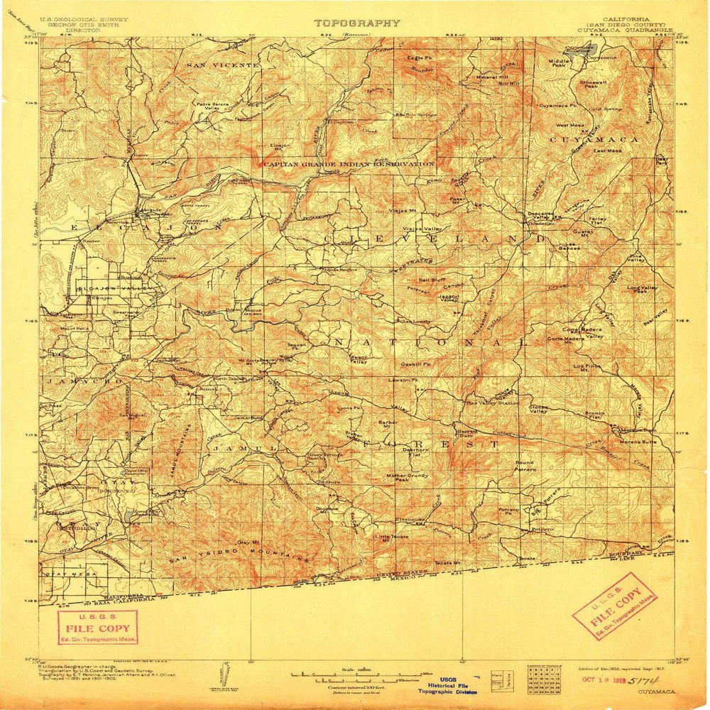 YellowMaps Cuyamaca CA topo map, 1:125000 Scale, 30 X 30 Minute, Historical, 1903, Updated 1912, 19.9 x 16.5 in - Polypropylene