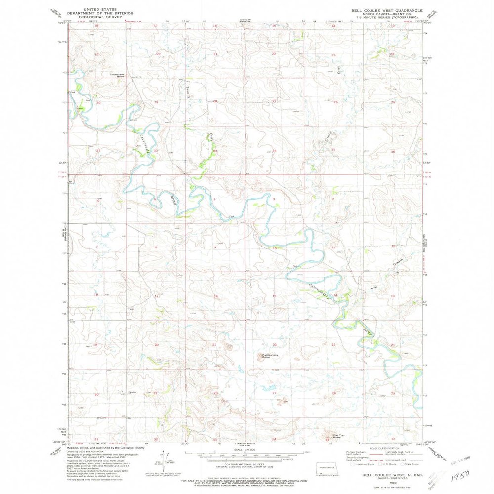 Bell Coulee West ND topo map, 1:24000 Scale, 7.5 X 7.5 Minute, Historical, 1980, Updated 1980, 26.9 x 22.1 in - Polypropylene
