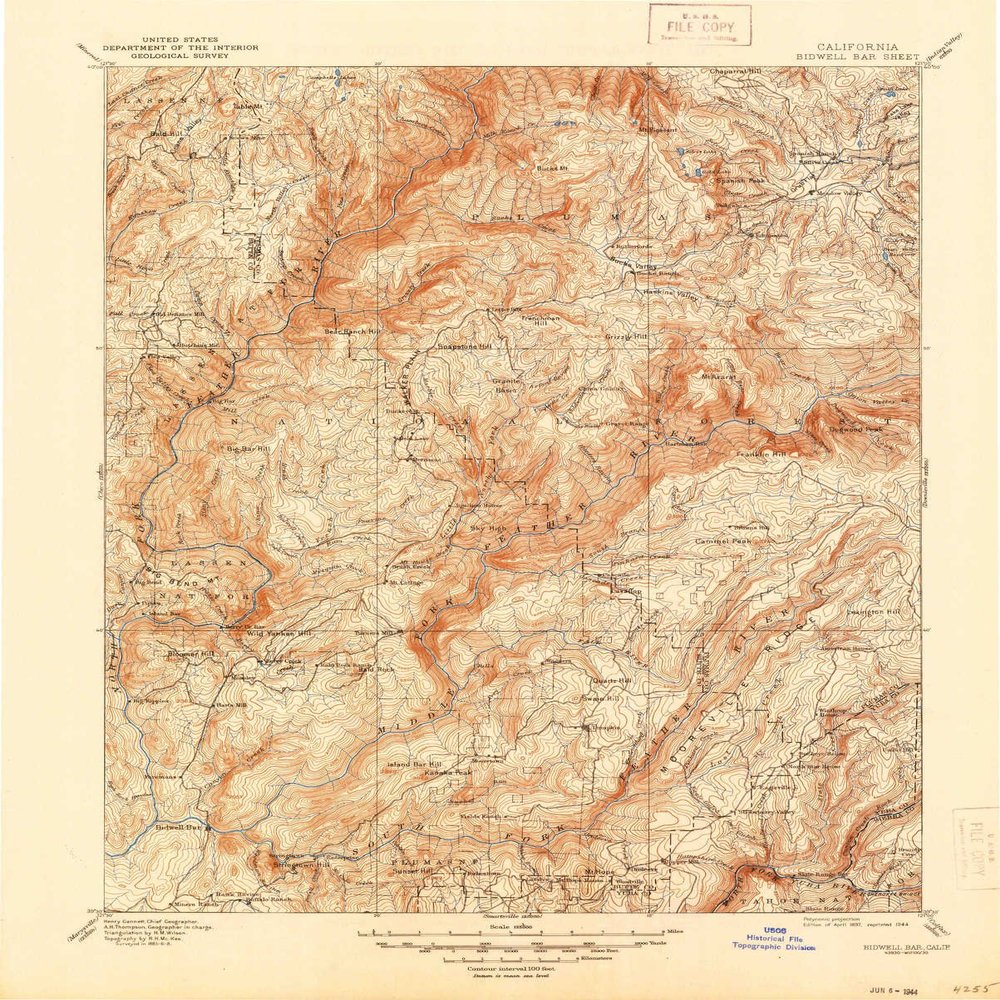 YellowMaps Bidwell Bar CA topo map, 1:125000 Scale, 30 X 30 Minute, Historical, 1897, Updated 1944, 20.7 x 16.6 in - Polypropylene