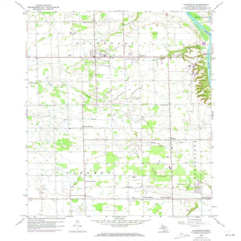 YellowMaps Allendale MI topo map, 1:24000 Scale, 7.5 X 7.5 Minute, Historical, 1958, Updated 1973, 26.9 x 22 in - Polypropylene