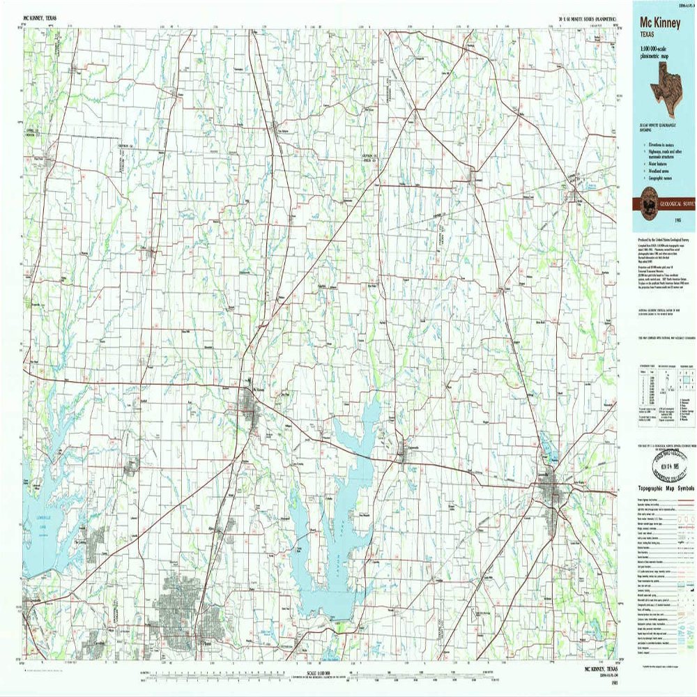 YellowMaps McKinney TX topo map, 1:100000 Scale, 30 X 60 Minute, Historical, 1985, Updated 1985, 24.1 x 43.1 in - Tyvek
