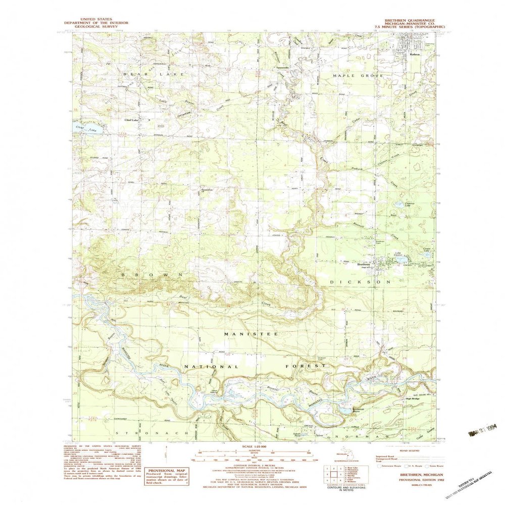 YellowMaps Brethren MI topo map, 1:25000 Scale, 7.5 X 7.5 Minute, Historical, 1982, Updated 1983, 27 x 21.8 in - Polypropylene
