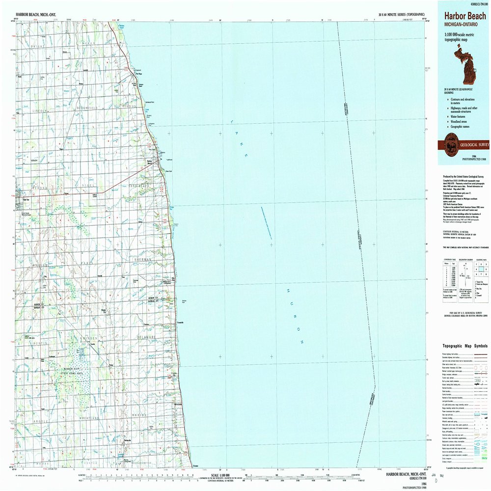 YellowMaps Harbor Beach MI topo map, 1:100000 Scale, 30 X 60 Minute, Historical, 1984, Updated 1991, 24.1 x 38 in - Polypropylene