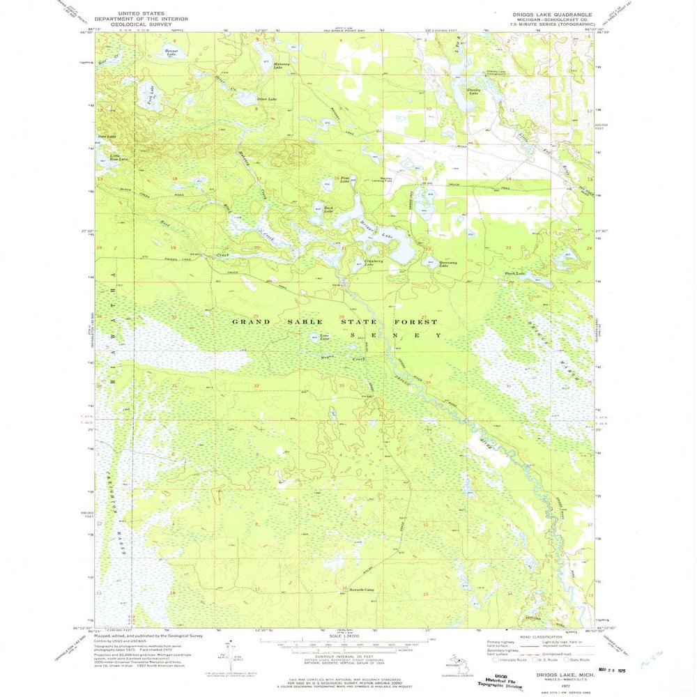 YellowMaps Driggs Lake MI topo map, 1:24000 Scale, 7.5 X 7.5 Minute, Historical, 1972, Updated 1975, 26.7 x 22.1 in - Polypropylene