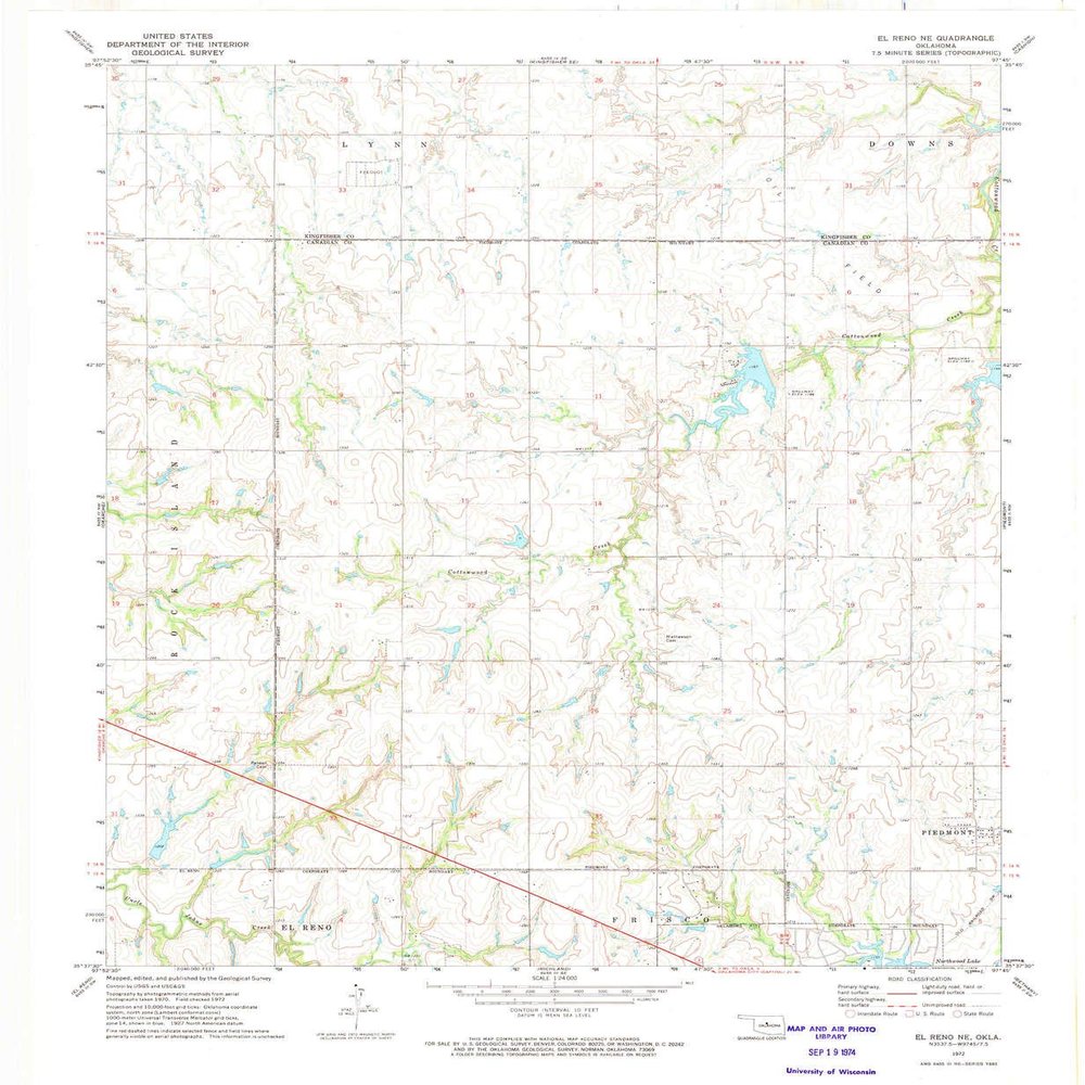 YellowMaps El Reno NE OK topo map, 1:24000 Scale, 7.5 X 7.5 Minute, Historical, 1972, Updated 1974, 27.3 x 22.4 in - Polypropylene