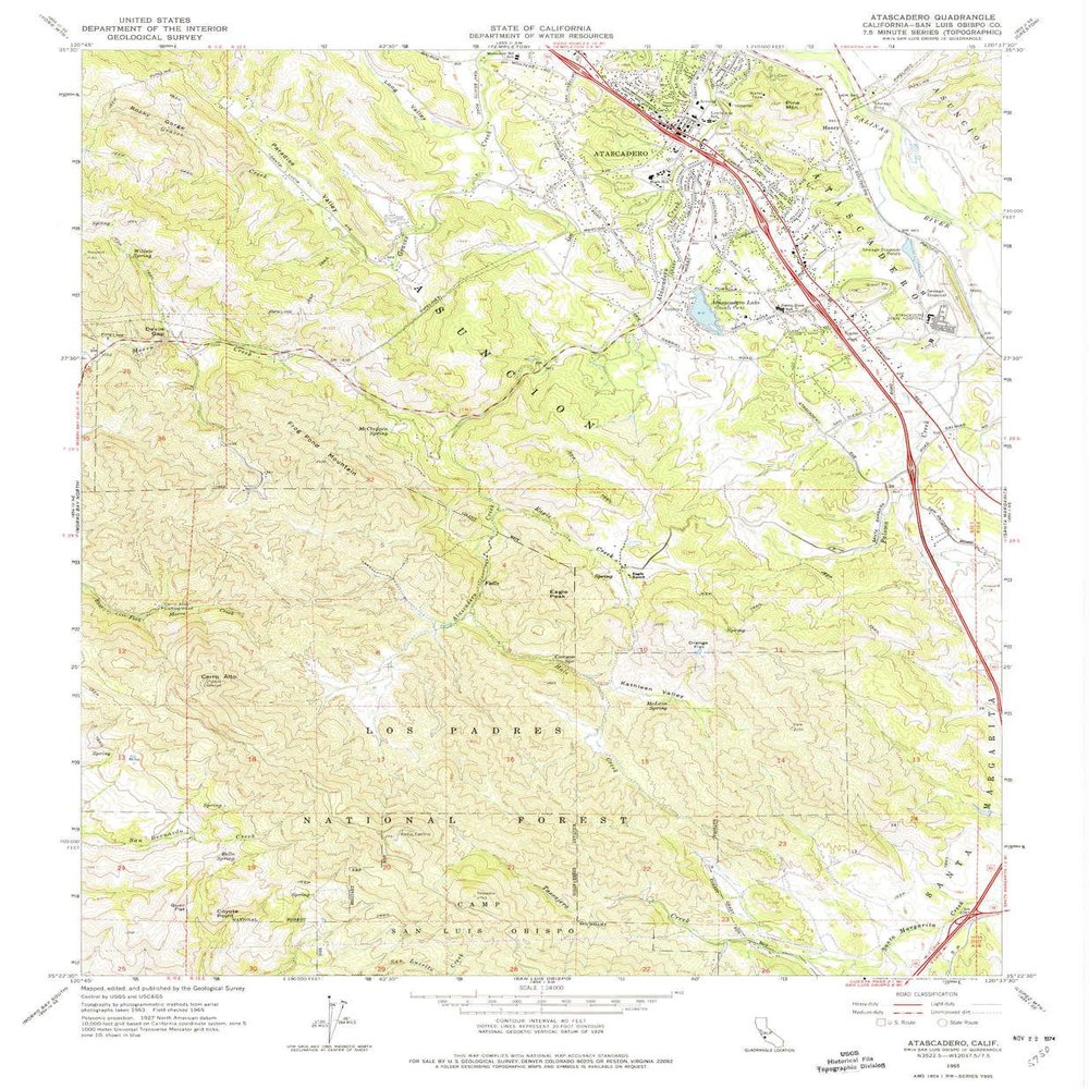 YellowMaps Atascadero CA topo map, 1:24000 Scale, 7.5 X 7.5 Minute, Historical, 1965, Updated 1974, 26.8 x 22 in - Polypropylene