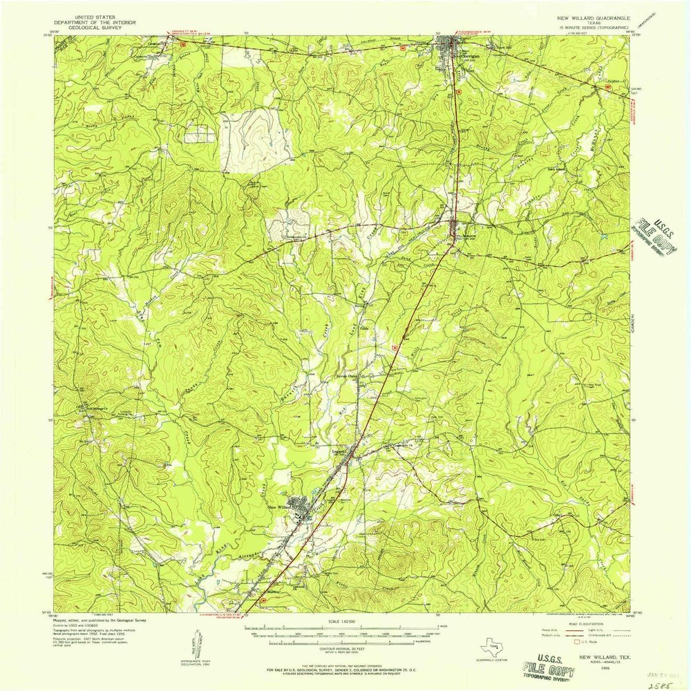 YellowMaps New Willard TX topo map, 1:62500 Scale, 15 X 15 Minute, Historical, 1955, Updated 1957, 20.9 x 18.1 in - Polypropylene