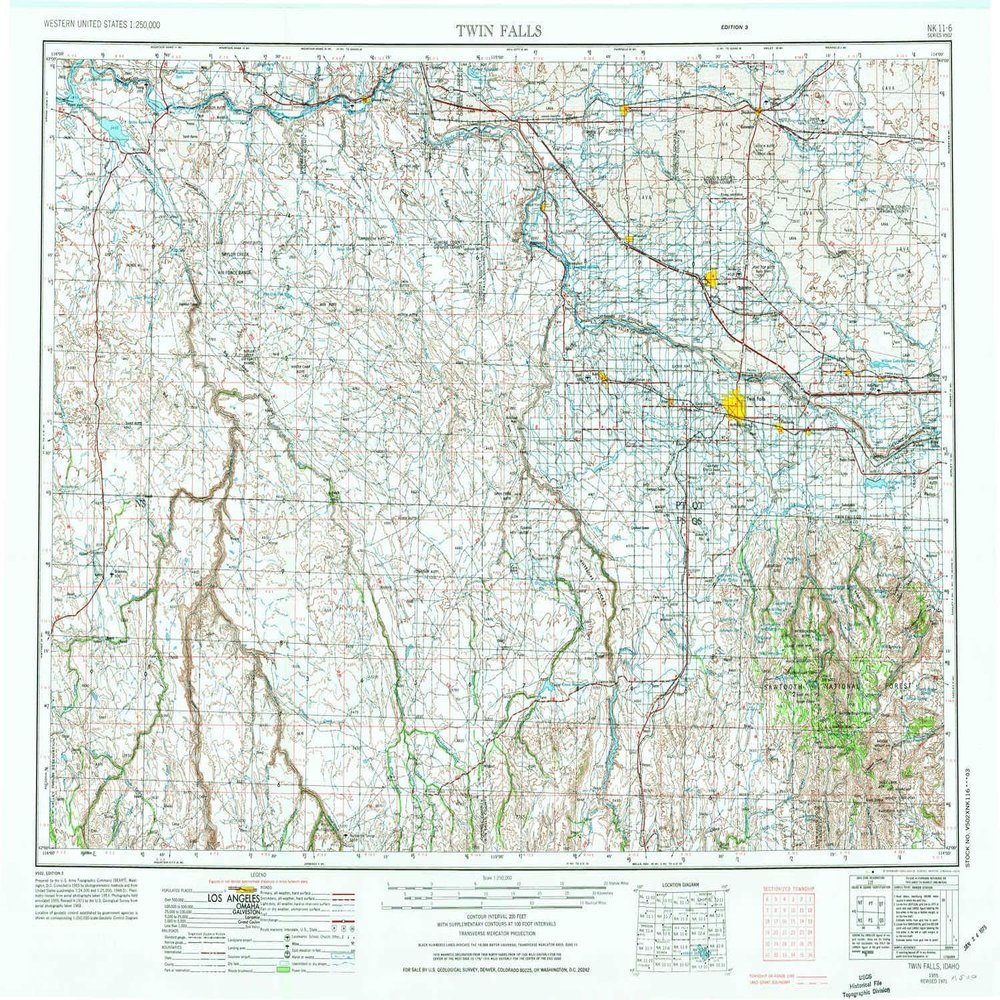 YellowMaps Twin Falls ID topo map, 1:250000 Scale, 1 X 2 Degree, Historical, 1955, Updated 1974, 22.1 x 29.2 in - Tyvek